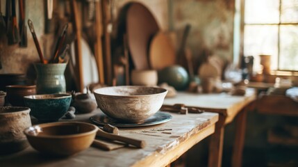 Poster - A tranquil pottery studio with wheel and tools, Clay sculptures in progress on worktables, Artisanal ambiance style
