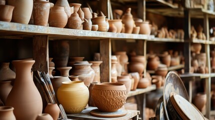 Aufkleber - A tranquil pottery workshop with clay tools and spinning wheels, Pottery tools arranged amidst shelves of raw materials and drying ceramics, Artisanal pottery style