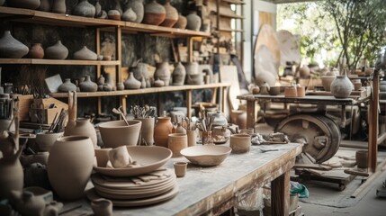 Aufkleber - A tranquil pottery workshop with clay tools and spinning wheels, Pottery tools arranged amidst shelves of raw materials and drying ceramics, Artisanal pottery style