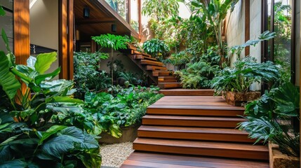 Wall Mural - Wooden Steps Leading Through Lush Tropical Garden