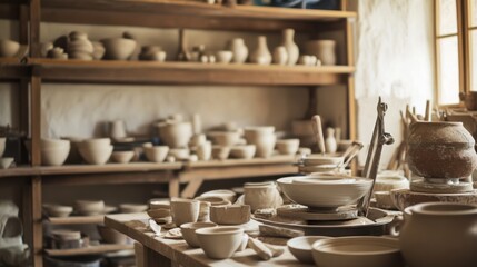 Aufkleber - A tranquil pottery workshop with clay tools and spinning wheels, Pottery tools arranged amidst shelves of raw materials and drying ceramics, Artisanal pottery style