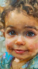 Wall Mural - A close-up oil painting of a toddler with big eyes and a joyful expression, captured on canvas with smooth, flowing brushstrokes and soft, blended colors.