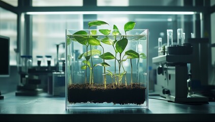 Poster - Plants growing in a transparent cube in a lab.