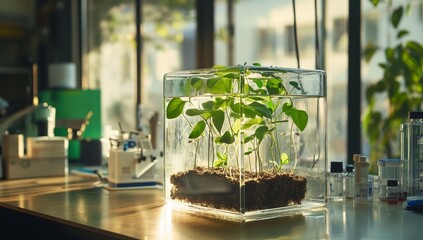Poster - Young plants in a transparent cube on a lab table, bathed in sunlight.