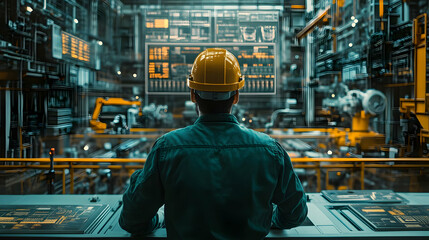Poster - A worker monitors machinery in a high-tech industrial setting.