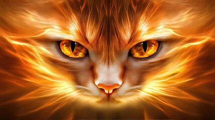 Poster - Majestic Cat Face Surrounded by Flames and Golden Light Effects