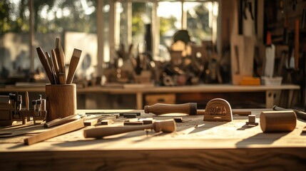 Poster - A tranquil woodworking area in a sunlit workshop, Hand tools and wooden pieces meticulously arranged, Rustic craftsmanship style