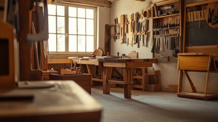 Poster - A tranquil woodworking studio with handcrafted furniture and tools, Woodworking tools arranged in a tidy workshop, Rustic craftsmanship style