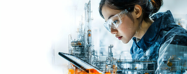  - A woman in safety glasses using a tablet in an industrial setting.