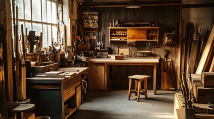 Poster - A tranquil woodworking studio with handcrafted furniture and tools, Woodworking tools arranged in a tidy workshop, Rustic craftsmanship style