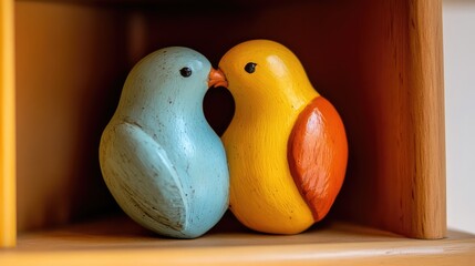 Poster - Wooden Bird Figurines in Cozy Display with Colorful Details