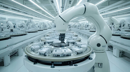 Poster - A robotic arm operates in a high-tech manufacturing facility with circular conveyor systems.