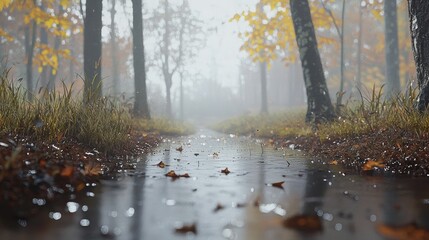 Sticker - Misty autumn forest path with stream.