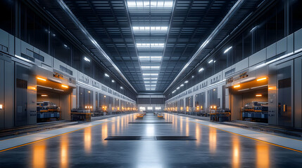 Poster - A spacious industrial facility with multiple loading bays and bright overhead lighting.