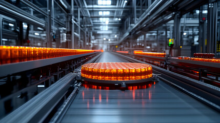 Poster - A conveyor belt in a factory transporting glowing orange containers.