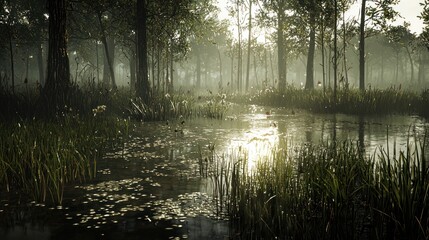 Canvas Print - Sunlit misty swamp, tranquil forest scene with calm water, reflections, and green vegetation.