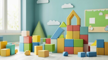Aufkleber - A vibrant block-building play area in a bright room, Colorful blocks creatively arranged, Contemporary playful style