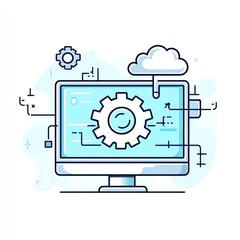 Poster - Cloud computing, gear on computer screen, software, technology, data processing.