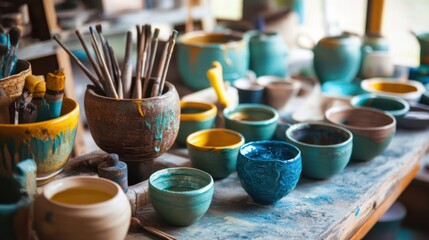 Poster - A vibrant ceramic studio with pottery wheels and colorful glazes, Ceramic tools and artisanal pottery pieces neatly organized, Artistic ceramic style