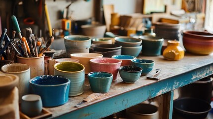 Poster - A vibrant ceramic studio with pottery wheels and colorful glazes, Ceramic tools and artisanal pottery pieces neatly organized, Artistic ceramic style