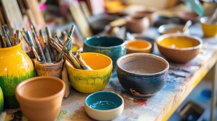 Poster - A vibrant ceramic studio with pottery wheels and colorful glazes, Ceramic tools and handmade pottery pieces neatly organized, Artistic ceramic style