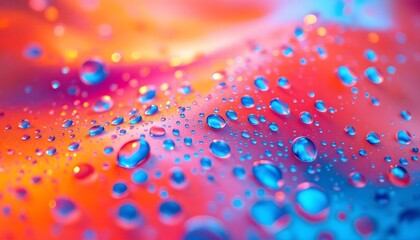 Aufkleber - Water drops on orange and pink background. Abstract colorful oil drops in water. Abstract macro photograph of water droplets on a multicolored surface. Vibrant water droplets on a gradient background