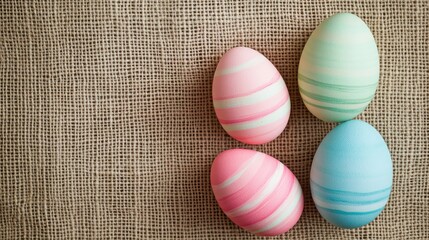 Poster - Colorful Easter Eggs Arranged on Natural Burlap Fabric Background