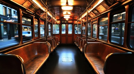 Poster - empty vintage streetcar interior with warm lighting and wooden decor