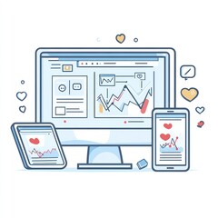 Poster - Online love, hearts, analytics dashboard on computer, tablet, and phone.