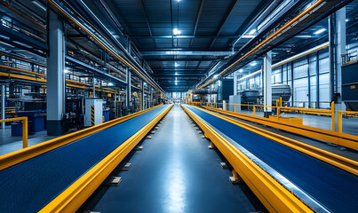 Poster - A modern industrial facility with conveyor belts in a spacious, well-lit environment.