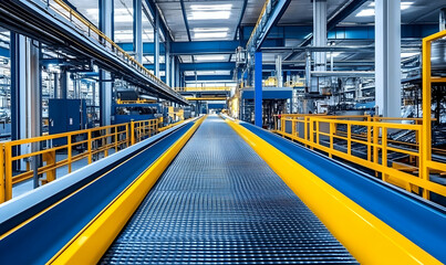 Poster - A modern industrial facility with a conveyor belt and machinery for manufacturing processes.