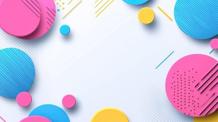 Poster - Bright Geometric Shapes in Pink, Blue, and Yellow on White Background
