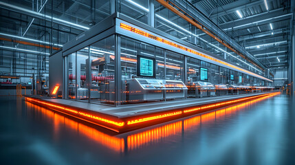 Poster - A futuristic industrial interior featuring advanced machinery and illuminated pathways.