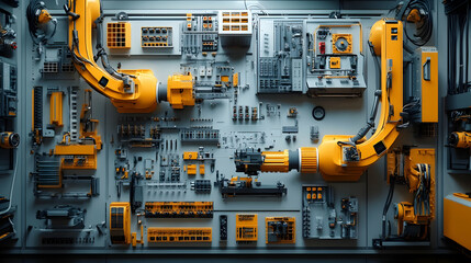Poster - A detailed arrangement of robotic arms and industrial components on a control panel.