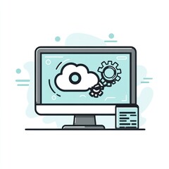 Poster - Cloud computing, gears, and data displayed on a computer screen.