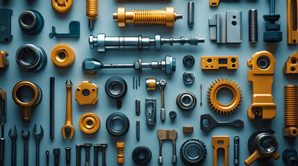 Poster - A collection of mechanical parts and tools arranged for industrial use.