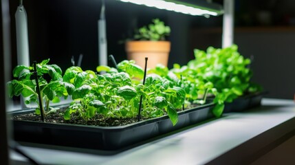 Poster - A vibrant home hydroponic garden with grow lights and nutrient solutions, Hydroponic trays, LED grow lights