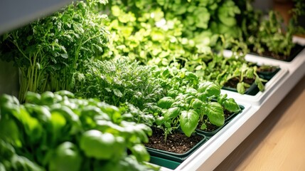 Poster - A vibrant home hydroponic garden with LED grow lights and nutrient solutions, Hydroponic trays, lush green vegetables
