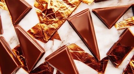 Poster - Chocolate and Gold Foil Pieces on Marble Surface Background