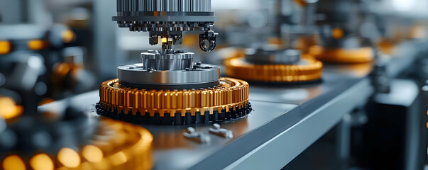 Poster - Close-up of industrial machinery with gears and components in a manufacturing setting.