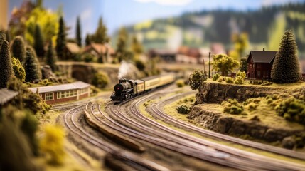 Aufkleber - A vibrant model train setup in a dedicated room, Train tracks and scenery meticulously arranged, Classic hobbyist style