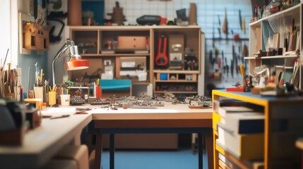 Aufkleber - A vibrant model-making studio with miniature models and tools, Modeling supplies and detailed dioramas neatly arranged, Hobbyist's delight style