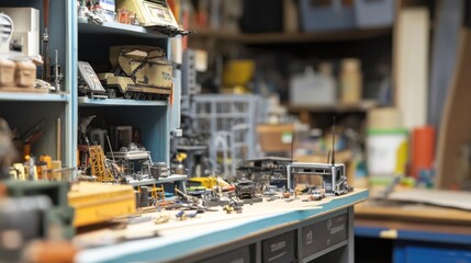 Aufkleber - A vibrant model-making studio with miniature models and tools, Modeling supplies and detailed dioramas neatly arranged, Hobbyist's delight style