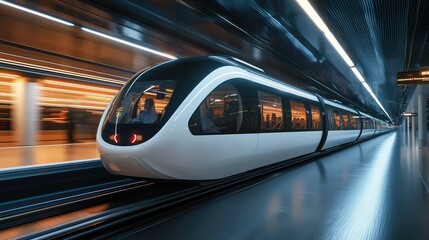 Poster - Modern High-Speed Train in Urban Station with Blurred Background