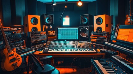 Aufkleber - A vibrant music recording studio with musical instruments and recording tools, Recording tools and musical compositions meticulously arranged, Musical creativity style
