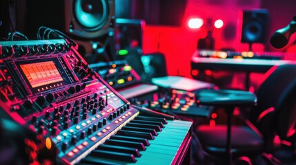 Aufkleber - A vibrant music recording studio with musical instruments and recording tools, Recording tools and musical compositions meticulously arranged, Musical creativity style