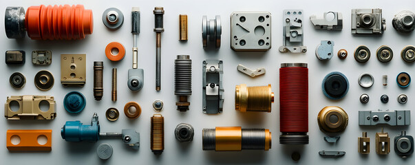 Poster - A collection of mechanical components and parts arranged on a surface.