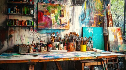 Aufkleber - A vibrant painting studio with art tools and colorful canvases, Painting tools and inspirational studio settings meticulously arranged, Artistic inspiration style