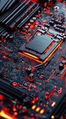Poster - Close-Up of Circuit Board with Red Illuminated Highlights and Details