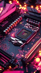 Poster - Abstract Close-Up Image of Circuit Board with Neon Light Highlights